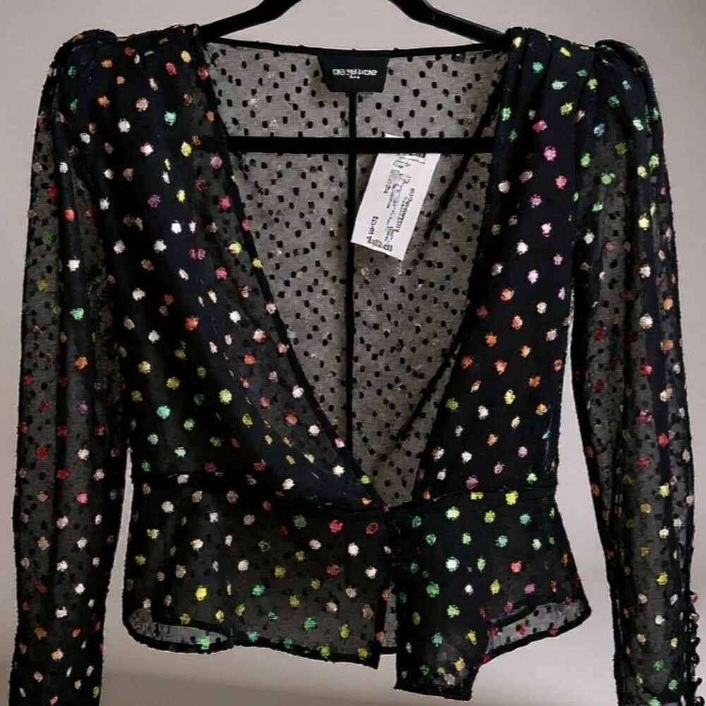 The Kooples Sheer Black Wrap Top with Multicolored Dot Pattern – Size S/M